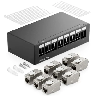 Bild av deleyCON 8 Port Patch Panel Set Field Distribution 1U + 8x RJ45 Keystone Jack Module STP CAT6a Kompatibel med Läggningskabel CAT5 CAT6 CAT7 Nätverkskabel Ethernet LAN DSL Svart