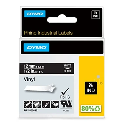 Bild av DYMO Rhino industriella vinyletiketter 12 mm x 5,5 m vitt tryck på svart självhäftande för etiketthanterare och noshörningsetikettmaskiner