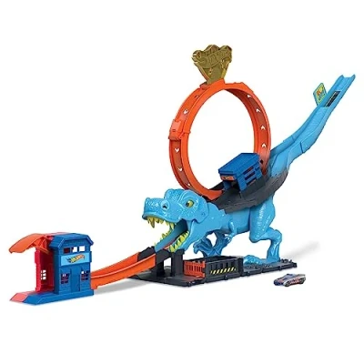 Bild av Hot Wheels City banset med en leksaksbil, tävla genom gigantisk loop för att besegra stor dinosaurie, T Rex stunttrick och tävling, HNP77