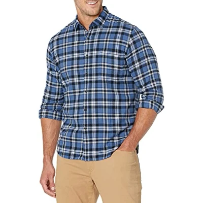 Bild av Amazon Essentials Men&#039;s Långärmad rutig flanellskjorta smal passform (färger i begränsad upplaga), Svart Blå Rutig, S