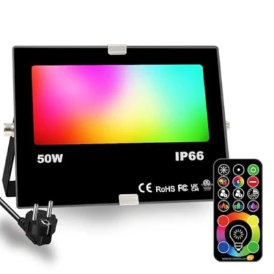 Bild av HEKEE, LED utomhusspotlight 40W RGBW färgskiftande, DIY strobe läge, 120 färger, timing, utomhusstrålkastare 4000 lumen, RGB 2700K varmvit, IP66 vattentät