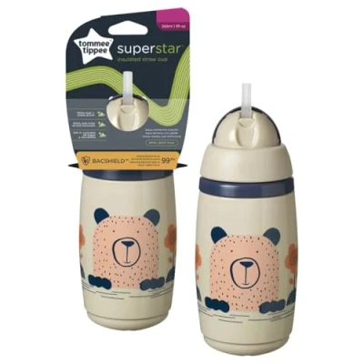 Bild av Tommee Tippee Superstar isolerad sugrörskopp för småbarn med INTELLIVALE 100% läckage och skakningssäker teknik BACSHIELD antibakteriell teknik, 12+, 266 ml, paket 1, varm grå
