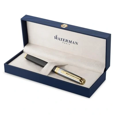 Bild av Waterman Exception Fountain Pen Metal &amp; Black Lacquer with Gold trim Chiselled cap 18K Fine Nib Blue Ink Gift Box
