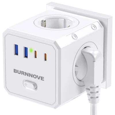 Bild av BURNNOVE Cube Outlet 4000W 16A 2X portar USB C A 4X AC överspänningsskydd väggmontering för hem och resor vit