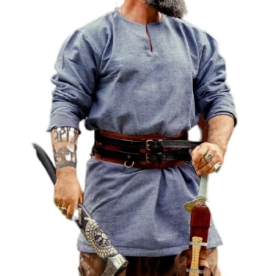 Bild av Leonardo Carbone® viking tunika tårtor medeltida kläder män, skjorta, fritidsskjorta långärmad, karnevalkostym vikingtunika, LARP 100 % bomull, Blågrå, L