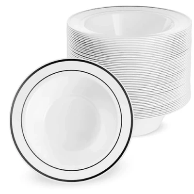 Bild av MATANA 25 premium vita plastskålar med svart kant, 360 ml robusta och återanvändbara soppskålar, dessertskålar för bröllop, födelsedagar, picknick, buffé, catering, fester