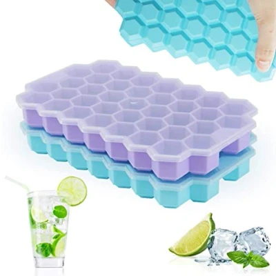 Bild av Rottay Isbitsform, 37 vägs isbitsform 2 pack silikon isbitsbehållare med lock iskubsbricka, stapelbara isbitsformar för whisky cocktails juice choklad godis (blå + lila)