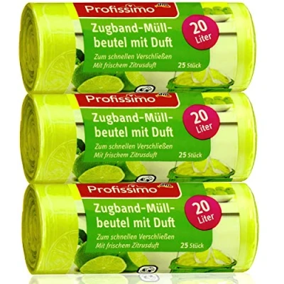 Bild av Profissimo 20 liter soppåse med färsk citrusdoft 3 pack 75 påsar (3 x 25 stycken) perfekt för hushåll, kontor och badrum