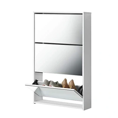 Bild av [en.casa] Skoskåp Lund 102,5 x 63 17 cm, skobänk, skoförvaring, 3 förvaringsfack, speglade, vit
