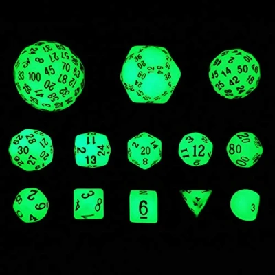Bild av Bescon Superlysande i mörkret komplett polyhedral RPG tärningsset 13 st D3 D100