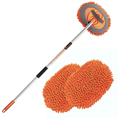 Bild av GreatCool 160 cm 62 tum biltvättsborstsats med långt handtag, 2 i 1 orange chenille mikrofiber biltvätt mopp rengöringsvante för lastbil SUV bilar husvagnar och hushållsrengöring, repfri (2 x