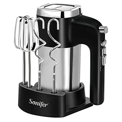 Bild av Sonifer Handmixer rostfritt stål 500 W elektrisk mixer handvisp, 5 nivåer plus turbosteg, utstötningsknappdesign, diskmaskinssäker, 2 degkrokar, visp, 1 sockel