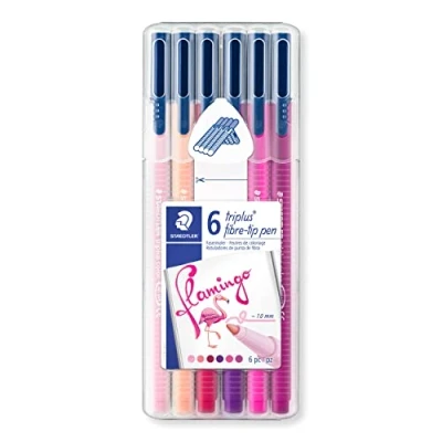 Bild av STAEDTLER Triplus färgtuschpennor, triangulära, stabila, präglingssäker spets, linjebredd 1 mm, barnvänlig, min flamingo färgset med 6 färger i ståboxen, 323 SB6CS6