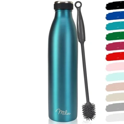 Bild av Milu Termosflaska i rostfritt stål, 350/500/750 ml, 1/1,5 liter termosflaska, isolerad vattenflaska, läckagesäker vakuumflaska, dubbelväggig, lämplig för kolsyrade drycker + rengöringsborste (grön, 1,5 liter)