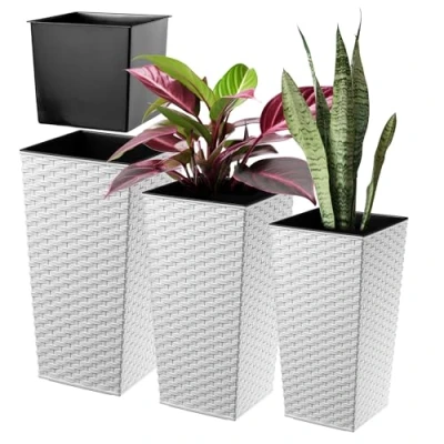 Bild av KADAX blomkruka av plast, i planteringskruka, väderbeständig blomkruka, för inomhus och utomhus, (vit rotting, set med 3 stycken)