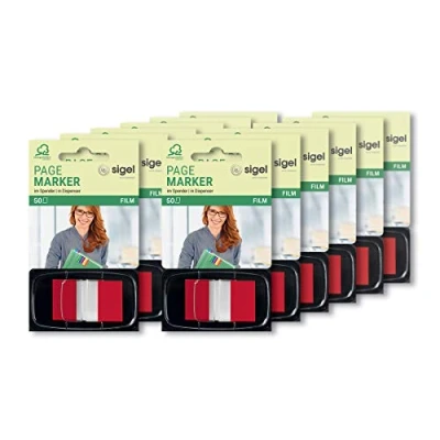 Bild av SiGEL Hn491 självhäftande bokmärke i transparent folie, Z dispenser, 600 ark med 4,3 x 2,5 cm, färgtip röd