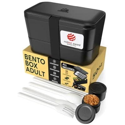 Bild av Umami Bento lunchlåda, bestick och 2 såsburkar ingår, bentolåda, mikrovågsugn infälld lunchlåda för vuxna, matlåda med 4 fack,