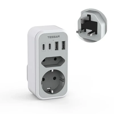 Bild av TESSAN Adapter England Tyskland Kontakt, 6 i 1 Reseadapter UK med 2 USB C och A, Adapter, Socket England, Resekontakt Skottland, Typ G för London Irland Malta