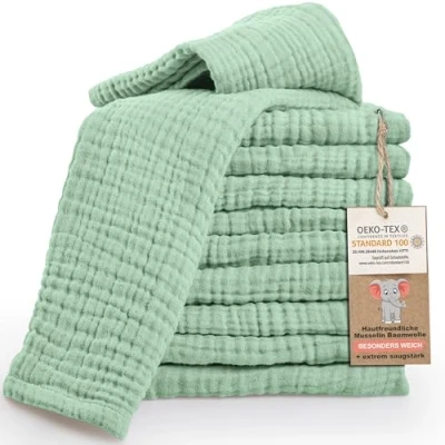 Bild av LAYNENBURG Set med 10 babyrockdukar i supermjuk muslin 100 % bomull 30 x 50 cm Oeko Tex muslindukar som gasväv eller tygblöjor (mintgrön)