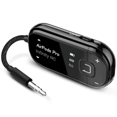 Bild av Avantree Voyager Bluetooth 5.4 flygplansadapter med OLED skärm för hörlurar och airPods, Qualcomm chipset, aptX adaptiv, 3,5 mm AUX trådlös ljudsändare resor flyg svart