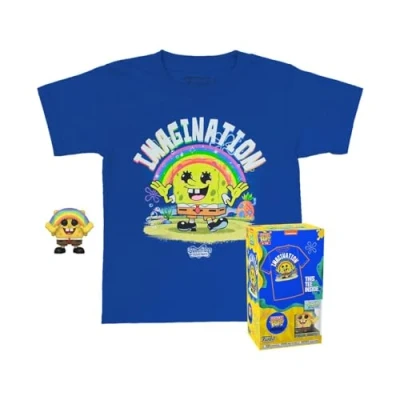 Bild av Funko Pocket Pop! &amp; Tee: Svampbob Fyrkantiga SB med regnbåge för barn och medium T shirt samlarkläder minifigur i vinyl presentidé pojkar