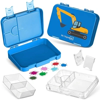 Bild av My Vesperbox Len Bentolåda för barn matlåda med 4+2 fack extremt robust lunchlåda brödlåda, perfekt dagis och skola (blå grävmaskin)