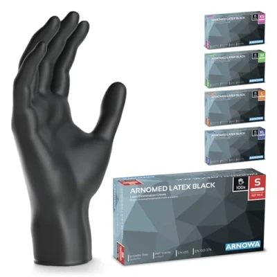 Bild av ARNOMED latex engångshandskar S, svarta, puderfria, 200 st/ask, engångshandskar, latexhandskar finns i storlekarna XS, M, L &amp; XL.