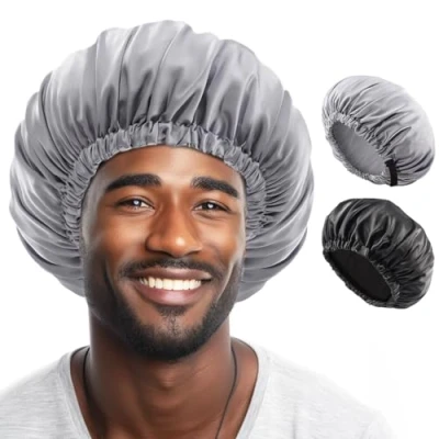 Bild av Lolalet 2 st hättor för män, silkeshättor sovande herr justerbar satin nattmössa Dreadlocks afroflätor lockigt, Svart + grå, L/one size