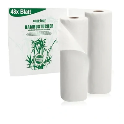 Bild av COM FOUR® dubbelpack med hushållspapper, 48 ark absorberande universaldukar, återanvändbara och tvättbara hushållsdukar, miljövänlig naturprodukt (2 rullar om 24 vit)