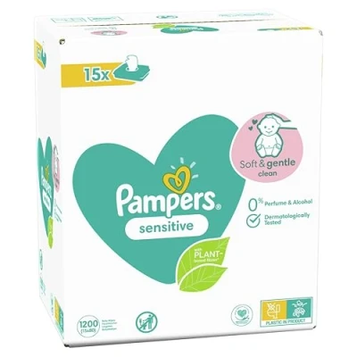Bild av Pampers Sensitive Baby Wipes 15 förpackningar om 80 = 1200 babyvåtservetter, oparfymerade, för en mjuk och skonsam rengöring