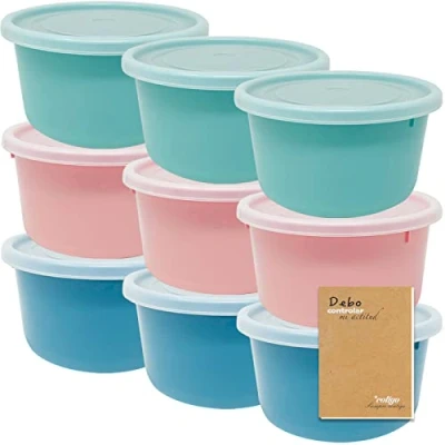 Bild av Codil Plastmatmatsats, återanvändbara små runda tapers, BPA fri, behållare med lock, diskmaskinsäker mikrovågsugn och frys (rosa grön blå, 9 x 0,6 L)