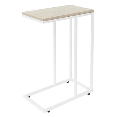 Bild av ML Design Sidobord i C form, vit ek, 45x25x64 cm, metallram &amp; träskiva, under soffan, industriell design, soffbord, vardagsrumsbord, sängbord, laptopbord