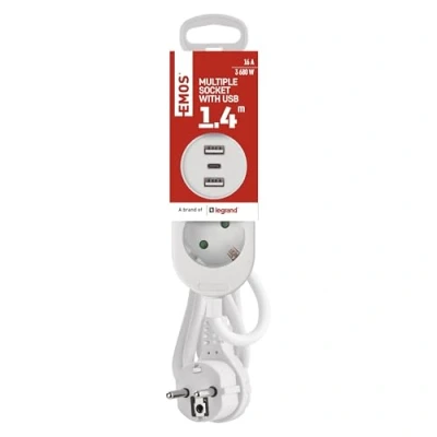 Bild av EMOS Flera uttag med 3 USB portar, kabellängd 1,4 m grenuttag 2 vägs laddning väggmonterad x uttag, 1 C, A IP20 för inomhus vit