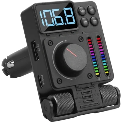 Bild av FM Bluetooth 5.3 sändare bilradioadapter August CR235 handsfree samtal med Siri/Google Assistant, taktila kontroller för bas och diskant 30W PD snabbladdning USB MP3 spelare Tuned Svart