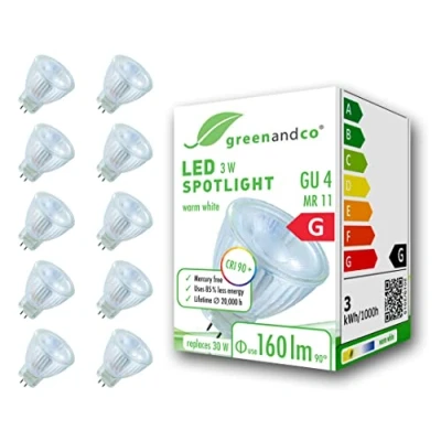Bild av 10x greenandco® CRI 90+ LED spot ersätter 20W GU4 MR11 halogenstrålkastare, 3W 160lm 3000K varmvit 38 12V AC/DC, flimmerfri, inte dimbar