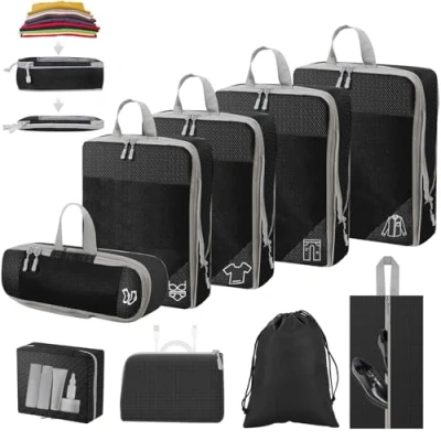 Bild av Förpackning med 9 delar, packningskubs, packningskuber, packkuber, vattentät resväskorganiseringsset, komprimerande för handbagage, resväskor och ryggsäck (svart)
