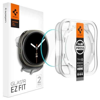 Bild av Spigen Glas.tR EZ Fit Skärmskydd kompatibel med Samsung Galaxy Watch8, 40mm, 2 Stycken, inte case, Sjabloon voor Installatiem, Kristallklart, Case friendly, 9H härdat glas