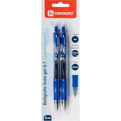 Bild av Centauro 2 pack gelpennor, blå, 0,7 mm spets, infällbar, ergonomiskt gummigrepp, smidig och flytande skrivning, förhindrar trötthet under långa perioder, perfekt som skolmaterial