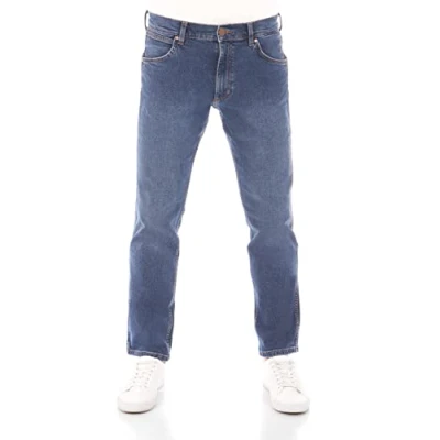 Bild av Wrangler Greensboro Herrjeans med normal passform, stretchiga jeansbyxor av denim/bomull, blå och svarta, storlek W30W44, 33W / 34L
