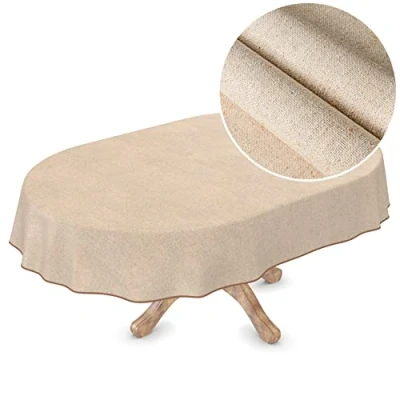 Bild av vaxduk textilduk tvättbar linneutseende beige enfärgad hållbar oval 180 x 140 cm