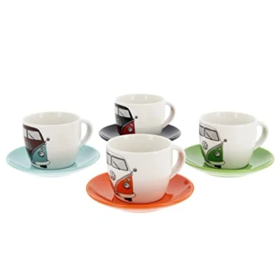 Bild av BRISA VW Collection Volkswagen set om 4 keramisk espresso kaffekoppar, havregryn med tefat, T1 buulli buss (100 ml/fram/4 färger)