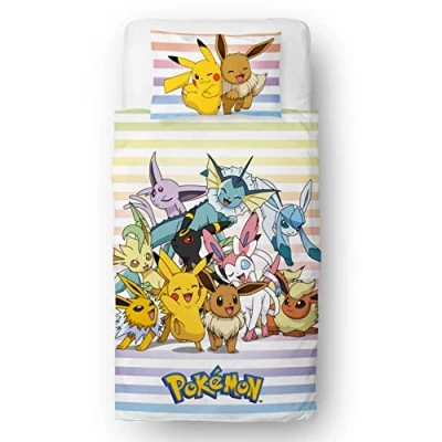 Bild av Pokemon officiellt licensierade påslakan för enkelbarn Pikachu gruppdesign vändbara 2 sidor sängkläder med matchande örngott Character World Brands enkelsäng set polycotton