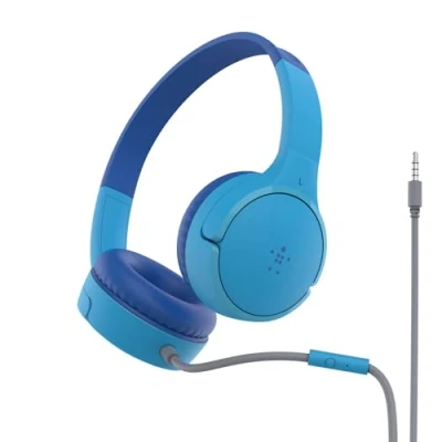 Bild av Belkin SoundForm Mini kabelanslutna hörlurar för barn, utanpåliggande headset barn med inbyggd mikrofon online utbildning, skola, resor, lek, enheter 3,5 mm anslutning Blå