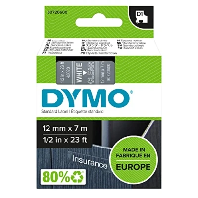 Bild av DYMO D1 originaletiketter Vit text på genomskinlig tejp 12 mm x 7 m Självhäftande etiketter för LabelManager etikettskrivare Tillverkas i Europa