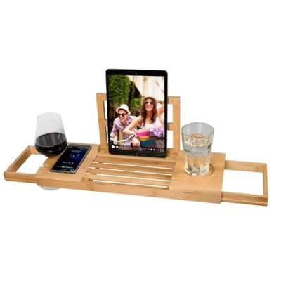 Bild av badkarshylla justerbar badkarsbräda av bambuträ ekologiskt hållbar halkfri håller bok, iPad, telefon, glas eller ljus UVM.