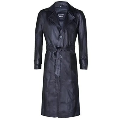 Bild av Herr svart läder klassisk full längd lång trenchcoat, Svart, 5XL