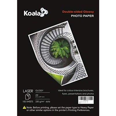 Bild av KOALA Dubbelsidig glansigt laserfotopapper A4, 250 gsm, 100 ark. Lämplig för laserskrivare, utskrift av foton, broschyrer, omslag, certifikat, flygblad, kort, kalendrar