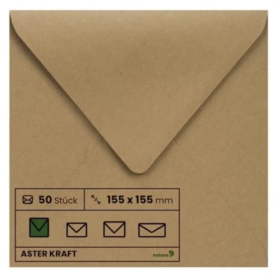 Bild av Netuno 50 fyrkantiga kuvert kraftpapper 155 x mm 100 g aster kraft vackra vintage inbjudningskuverter bröllop jul födelsedag dop brev eko papper