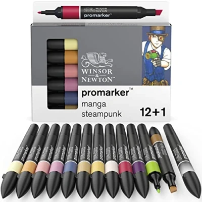 Bild av Winsor &amp; Newton 0290143 ProMarker, professionell layoutmärkpenna 2 spetsar, fin och bred för ritningar, design layouter 13 färger set manga steampunk