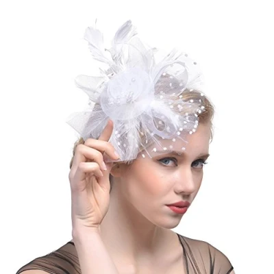 Bild av DRESHOW Fascinators Hatt Blomma Mesh Fjädrar på Pannband och Gaffel Clip Cocktail Teparty Huvudbonad för Flickor Kvinnor